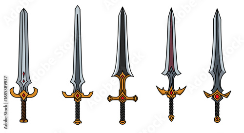 A collection of five ornate fantasy swords with detailed blades and golden hilts displayed against a white background