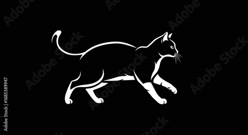 Elegant white silhouette of a sleek cat in motion against a stark black background capturing its graceful stride and alert posture
