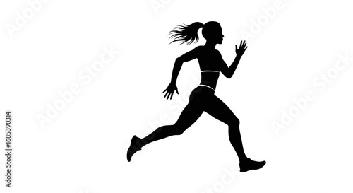 Dynamic silhouette of a fit woman running with ponytail in athletic wear against a white background