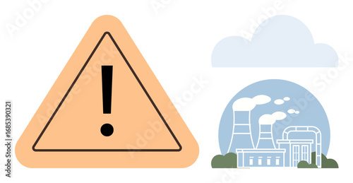 Yellow triangular warning sign with exclamation mark next to factory emitting smoke under clouds. Ideal for environmental risk, air pollution, climate change, hazard alert, safety warning, industry