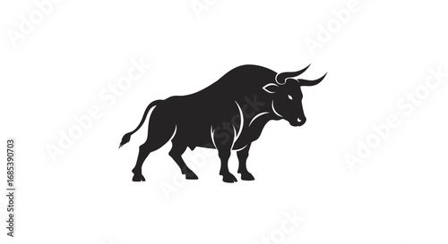 Powerful silhouette of a muscular bull standing strong against a clean white background symbolizing strength and determination