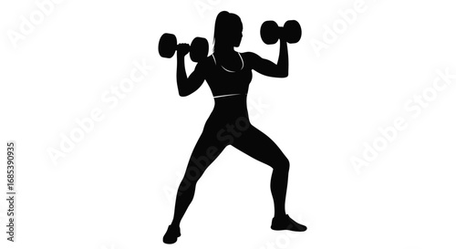 Silhouette of a fit woman performing dumbbell shoulder presses with good form during an intense workout session