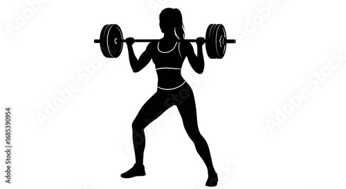 Silhouette of a fit woman performing a barbell squat exercise in a gym showcasing strength and dedication to fitness