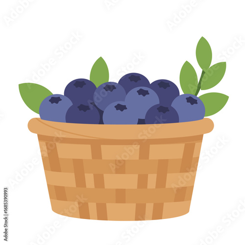 A rustic woven basket overflowing with fresh ripe blueberries and green leaves on a white background