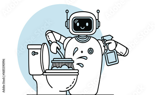 Friendly Robot Cleaning Toilet with Spray Bottle and Brush