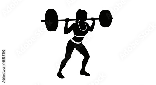 Silhouette of a fit woman performing a barbell back squat exercise in a gym showcasing strength and dedication to fitness