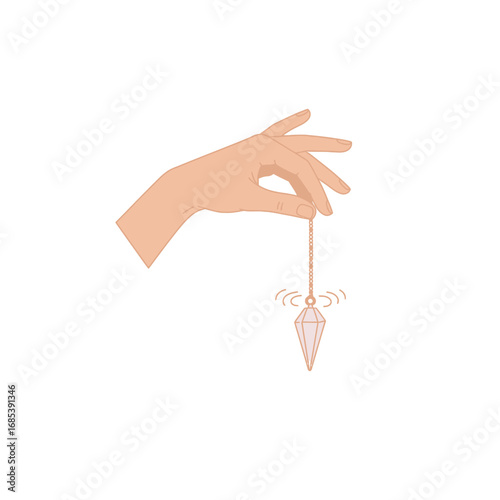 Elegant hand holding a crystal pendulum with delicate wings symbolizing divination spirituality and mystical energy