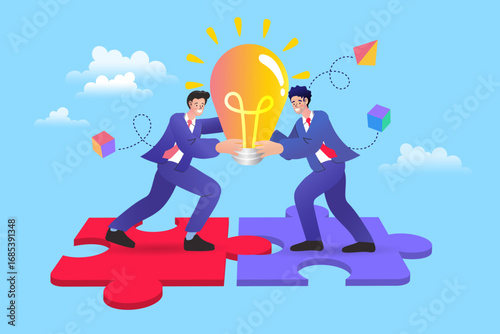 A business team holds a giant lightbulb idea while standing on interlocking puzzle pieces. A vector concept for collaboration, innovation, problem-solving, and strategy.