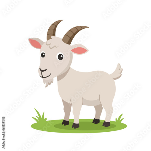 Charming cartoon illustration of a friendly white goat with horns standing on green grass isolated on a white background