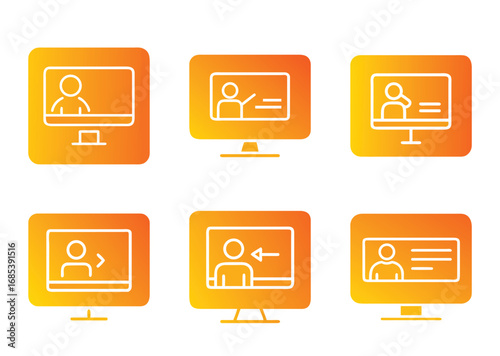 A set of icons depicting online meeting and education scenarios on computer screens