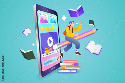 A student riding a pencil rocket flies out of a mobile e-learning app. A creative vector concept for online education, knowledge, virtual courses, and EdTech platforms. 