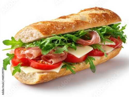 Delicious ham and cheese baguette sandwich with arugula isolated on white background