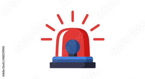 Bright red flashing emergency siren light with radiating beams on a blue base against a white background symbolizing danger or alert