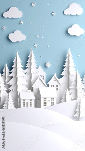 Winter wonderland paper cut scene.  Snowy village with trees