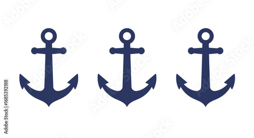 Three classic navy blue nautical anchors arranged in a row against a clean white background symbolizing maritime strength and stability