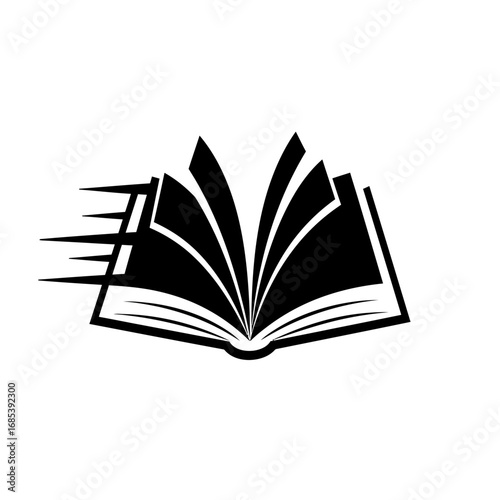 Stylized black and white illustration of an open book with pages fanning out and motion lines suggesting speed or rapid learning