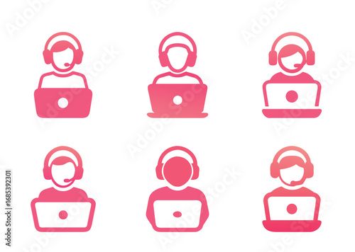 Collection of customer support representative icons in pink and red gradient