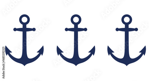 Three classic dark blue nautical anchors displayed in a row against a clean white background symbolizing maritime tradition and sea exploration