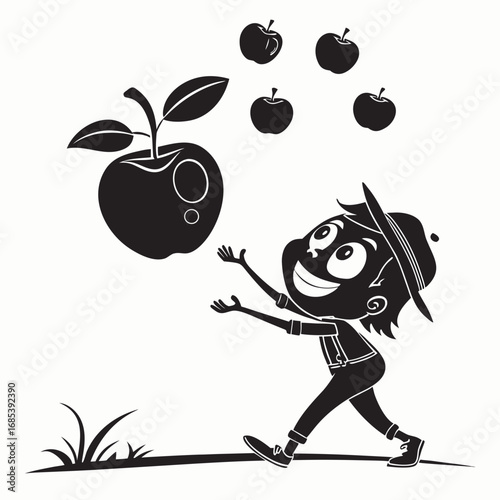 Cartoon boy reaching for falling apples with a large apple and grass in a black and white illustration vector illustration