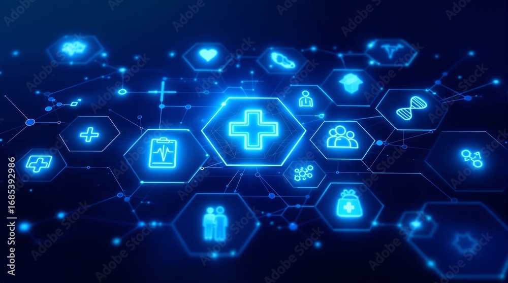 Fototapeta premium Digital healthcare technology innovation concept with medical icons and futuristic network design