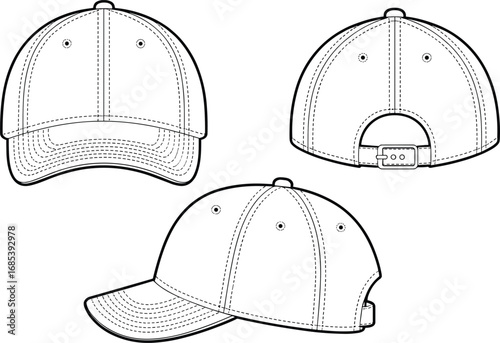 CAD drawing flat vector illustration of baseball cap with snapback closure, front, back, and side views, fashion accessory mockup