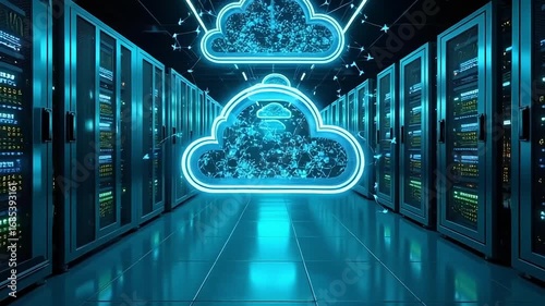 Futuristic neon cloud data servers humming with blue light, showcasing digital transformation and innovation.