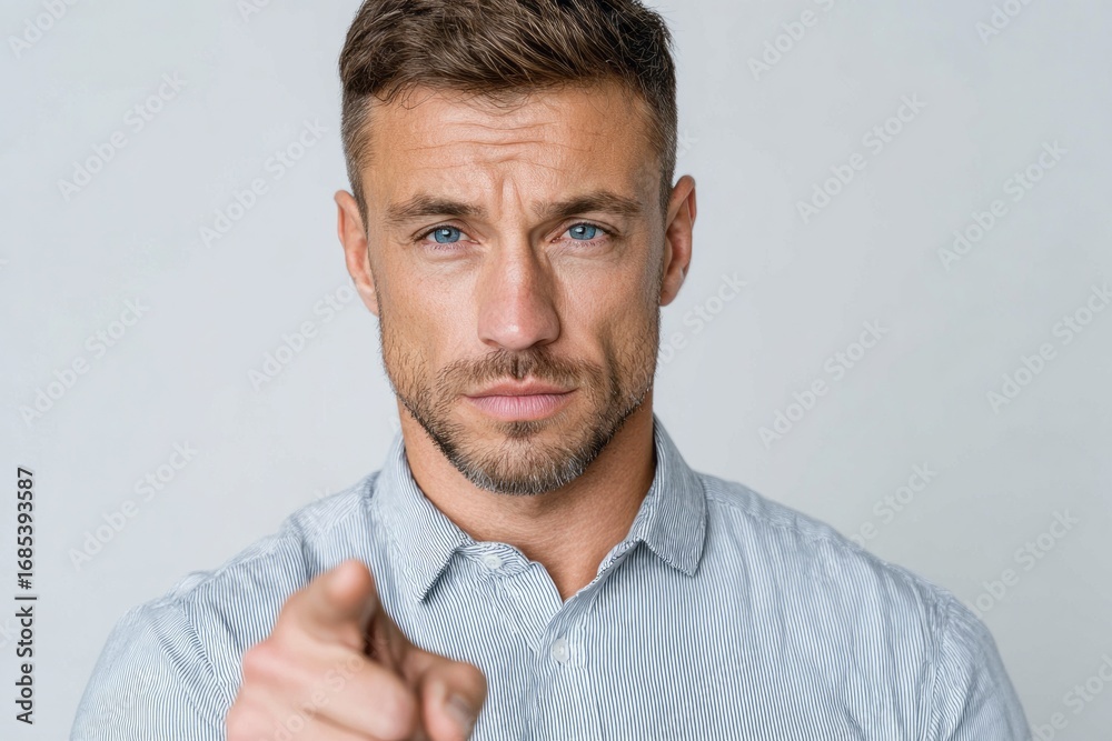 Obraz premium A man in a light gray striped shirt directly confronts the viewer with a focused, intense gaze and outstretched index finger.