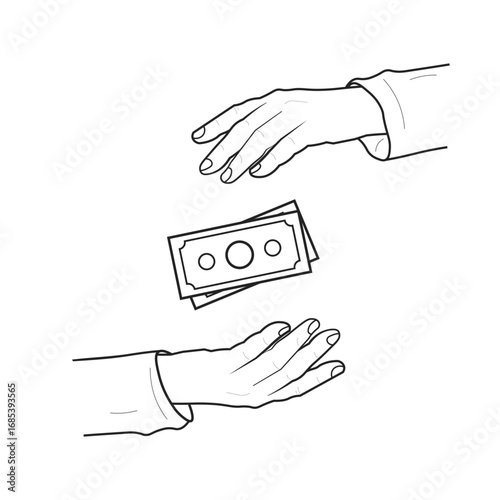 Isolated outline illustration of a hand giving money to another receiving hand, symbolizing charity, donation, contribution, support, begging, and fundraising.