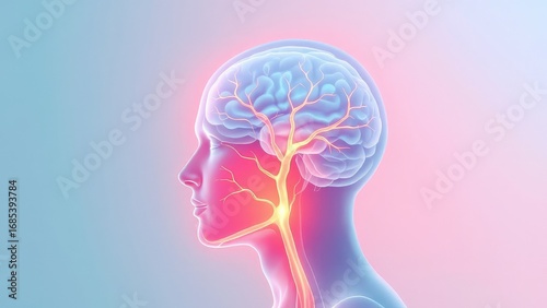 Abstract visualization of human brain nerves and blood vessels with glowing connections and cranial pathways