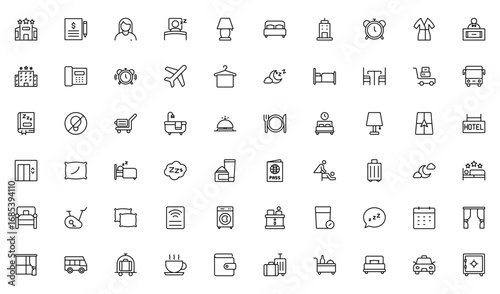 Motel outline icon set. Hotel icon set. Hotel services related line icons: room, rental, booking, bellboy, breakfast, travel, vacation, holiday and more. Thin outline icons pack. Vector illustration.