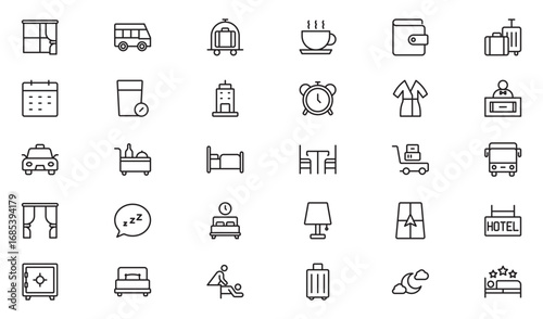Motel outline icon set. Hotel icon set. Hotel services related line icons: room, rental, booking, bellboy, breakfast, travel, vacation, holiday and more. Thin outline icons pack. Vector illustration.