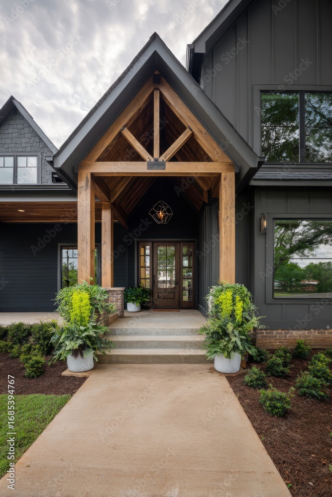 Obraz premium Elegant modern farmhouse entrance features wood accents and lush landscaping in a suburban neighborhood during the late afternoon light