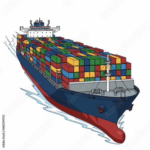 Vector illustration of a cargo container ship exporting goods overseas for international trade. Ideal for logistics, shipping, transport, and global business design needs