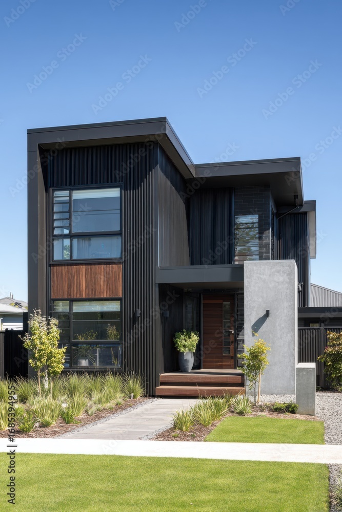 Obraz premium Modern architectural design of a stylish black house with large windows and a wooden entrance pathway during a clear sunny day in an urban neighborhood