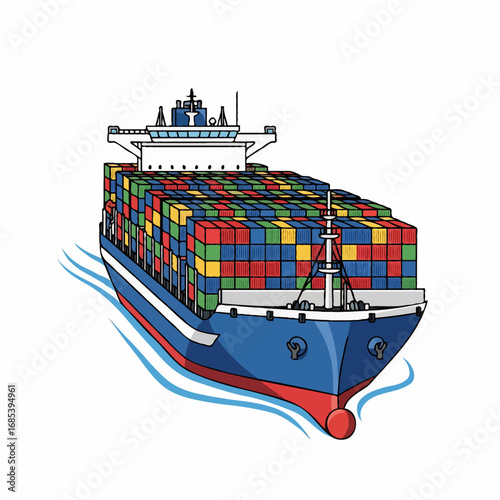 Vector illustration of a cargo container ship exporting goods overseas for international trade. Ideal for logistics, shipping, transport, and global business design needs