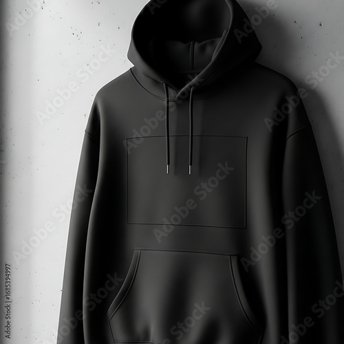 Plain Black Hoodie Mockup with Drawstrings on Textured Gray Wall