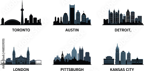 Toronto, Austin, Detroit, London, Pittsburgh, and Kansas City Skyline Silhouettes Vector