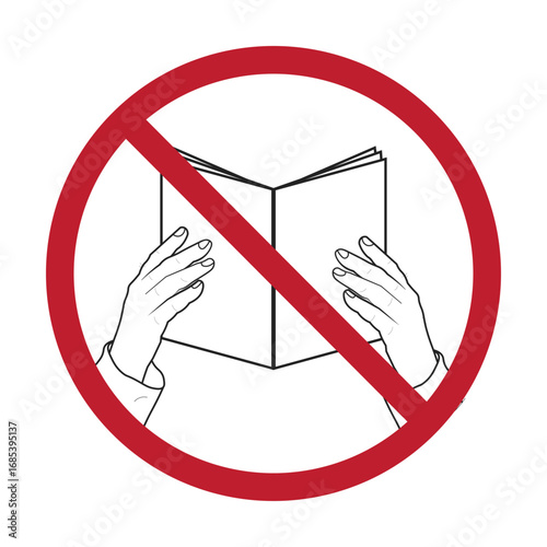 Isolated prohibition sign icon showing a person holding book, symbol for no reading allowed, no book entry permitted, restricted book usage zone.
