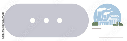 Factory emitting smoke clouds with visible cooling towers and pipes beside a digitally styled loading interface. Ideal for energy, environment, pollution, industry, emission, technology, waiting