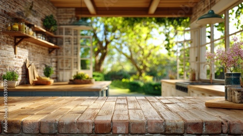 Rustic outdoor kitchen with textured countertop. Perfect for food photography, mockup and product placement to promote lifestyle and outdoor products