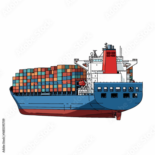 Vector illustration of a cargo container ship exporting goods overseas for international trade. Ideal for logistics, shipping, transport, and global business design needs