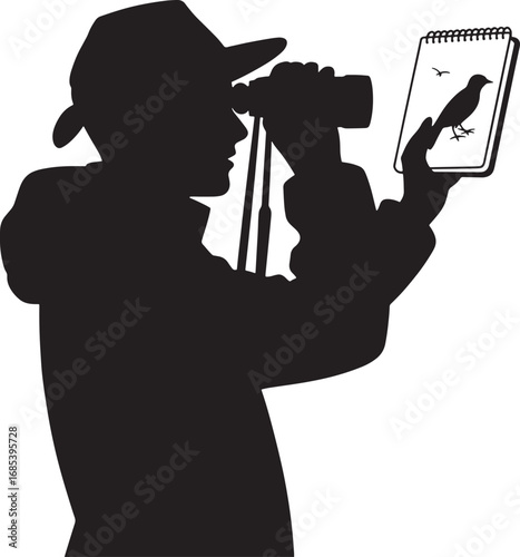 Silhouette of a Birdwatcher with Binoculars and Sketchbook Observing Wildlife Outdoors