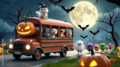 Halloween pumpkin bus cat witch ghost children trick or treat night moon pumpkin bus cat witch hat ghost moon bat road night cute