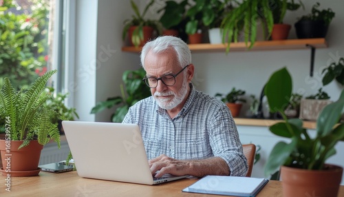 Senior Man Working on Laptop at Home Office Surrounded by Plants