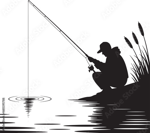 Silhouette of a Fisherman Casting a Line into the Water with Reeds in the Background