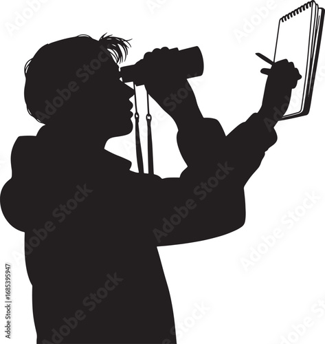 Silhouette of a Person Using Binoculars and Taking Notes in a Notebook Outdoors