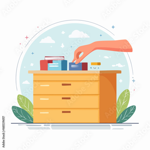Hand Placing Book On Wooden Cabinet
