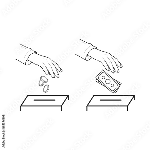 Bundle set outline illustration of a hand putting money into a donation box, symbolizing charity, contribution, giving, fundraising, and financial support.
