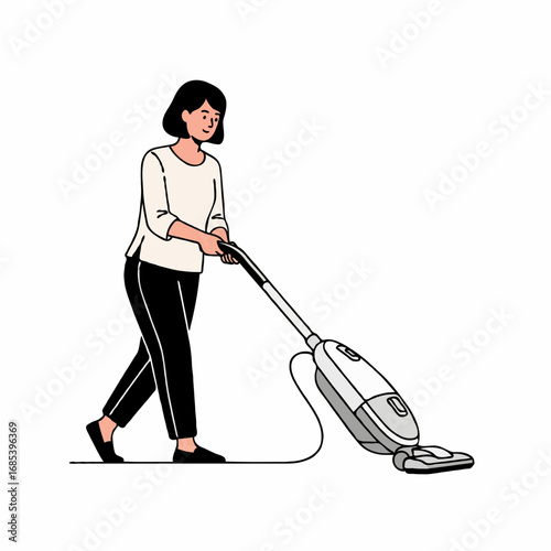 Vector illustration of a mother cleaning the house with a vacuum cleaner. Perfect for household, hygiene, lifestyle, and modern home care design projects