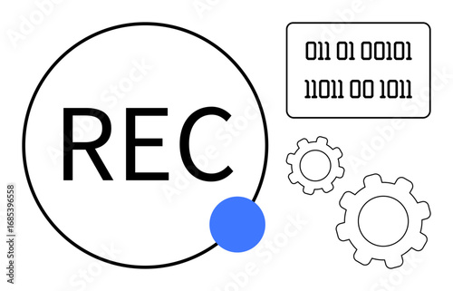 Recording button with REC text in circle, binary code grid, and gear icons symbolizing technology, automation, digital processes. Ideal for media, innovation, coding, workflow AI data simple